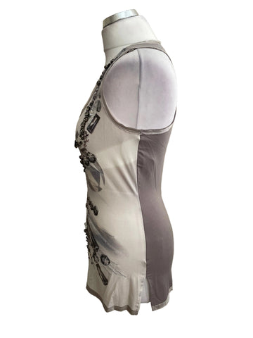 KAREN MILLEN BEIGE JEWEL TRIMMED EMBROIDERED & BEADED PATTERNED RACER BACK VEST TOP  SIZE 8
