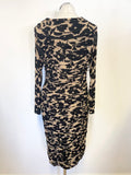 GINA BACCONI BLACK & CAMEL PRINT RUCHED PLEATING LONG SLEEVED PENCIL DRESS SIZE 12