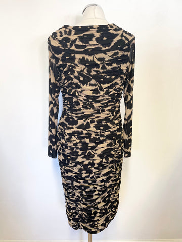 GINA BACCONI BLACK & CAMEL PRINT RUCHED PLEATING LONG SLEEVED PENCIL DRESS SIZE 12