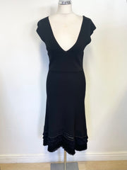 ADOLFO DOMINGUEZ BLACK SLEEVELESS FRINGED HEM KNIT DRESS SIZE S