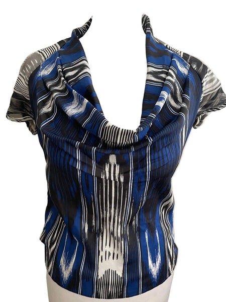 KAREN MILLEN 100% SILK NAVY MIX COWL NECK CAP SLEEVE TOP SIZE 8