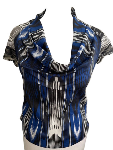 KAREN MILLEN 100% SILK NAVY MIX COWL NECK CAP SLEEVE TOP SIZE 8