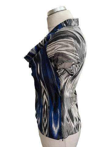 KAREN MILLEN 100% SILK NAVY MIX COWL NECK CAP SLEEVE TOP SIZE 8