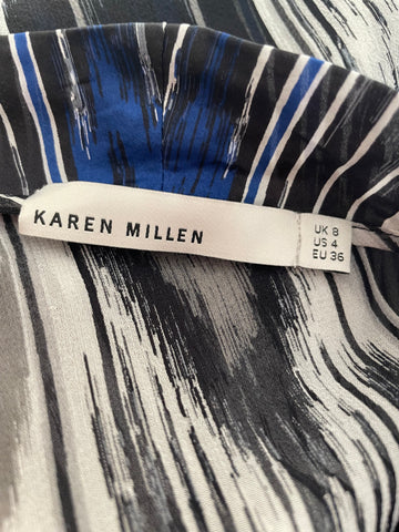 KAREN MILLEN 100% SILK NAVY MIX COWL NECK CAP SLEEVE TOP SIZE 8