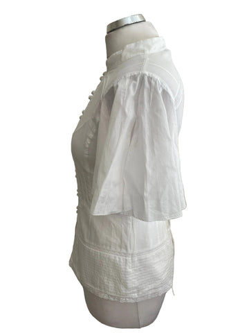 KAREN MILLEN 100% COTTON WHITE FRONT BUTTON, LACED REAR SHORT SLEEVED TOP  SIZE 10
