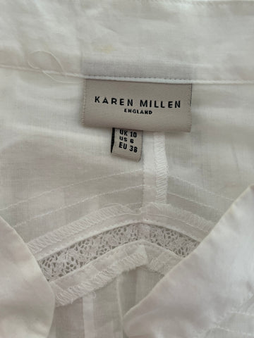 KAREN MILLEN 100% COTTON WHITE FRONT BUTTON, LACED REAR SHORT SLEEVED TOP  SIZE 10