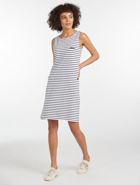 BARBOUR DALMORE WHITE & NAVY BLUE STRIPE SLEEVELESS SHIFT DRESS SIZE 14