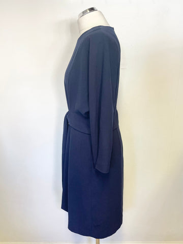 HOBBS NAVY BLUE 3/4 SLEEVED TIE FRONT SHIFT DRESS SIZE 14