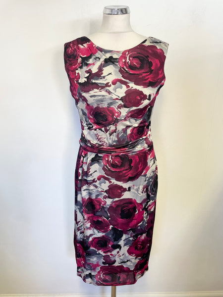 PHASE EIGHT RED,WHITE & GREY ROSE PRINT SLEEVELESS PENCIL DRESS SIZE 12