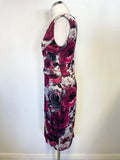PHASE EIGHT RED,WHITE & GREY ROSE PRINT SLEEVELESS PENCIL DRESS SIZE 12