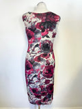 PHASE EIGHT RED,WHITE & GREY ROSE PRINT SLEEVELESS PENCIL DRESS SIZE 12