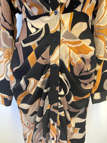 BRAND NEW WITH TAGS BISOUS PROJECT BLACK, CREAM,TAUPE & MUSTARD PRINT BELTED SHIRT DRESS SIZE L