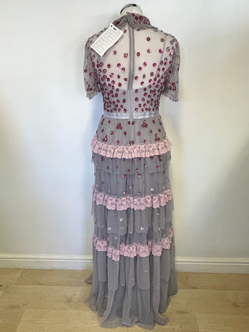 BRAND NEW NEEDLE & THREAD VINTAGE LAVENDER SEQUINNED & LACE TRIM LONG OCCASION  DRESS SIZE 10