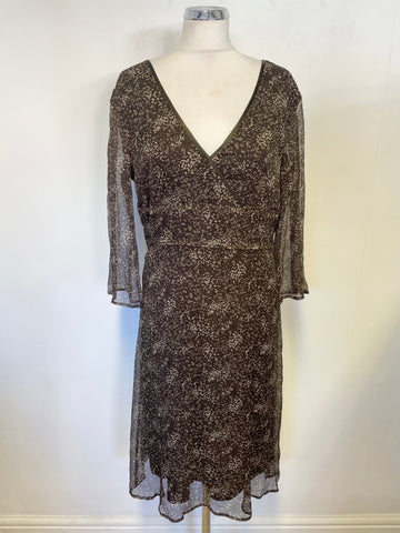 ESPRIT BROWN PRINT 100% SILK 3/4 SLEEVE TEA DRESS SIZE 16