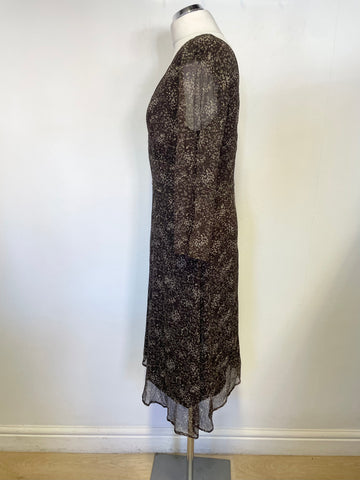ESPRIT BROWN PRINT 100% SILK 3/4 SLEEVE TEA DRESS SIZE 16