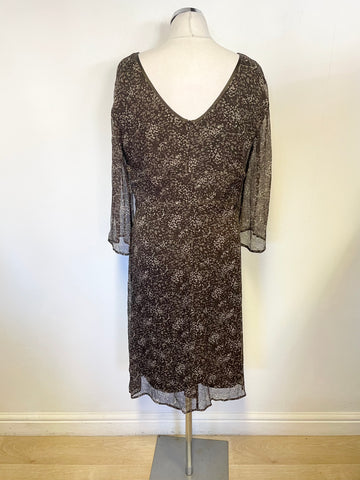ESPRIT BROWN PRINT 100% SILK 3/4 SLEEVE TEA DRESS SIZE 16