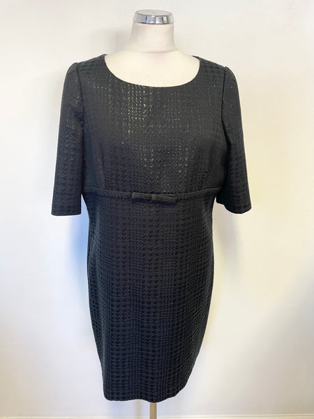 HOBBS BLACK SHORT SLEEVED SHIMMER CHECK BOW TRIM SHIFT DRESS SIZE 16