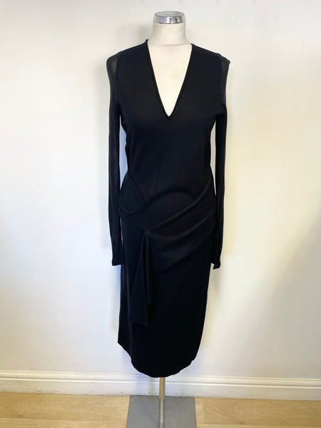 NICOLE FARHI BLACK 100% WOOL V NECK LONG SLEEVED DRESS SIZE 12