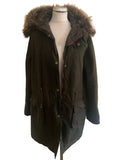 BARBOUR MULL OLIVE GREEN WAX COATED HOODED FUR TRIM COAT SIZE 14