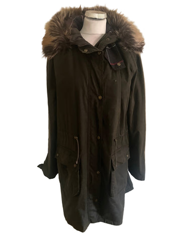 BARBOUR MULL OLIVE GREEN WAX COATED HOODED FUR TRIM COAT SIZE 14