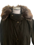 BARBOUR MULL OLIVE GREEN WAX COATED HOODED FUR TRIM COAT SIZE 14
