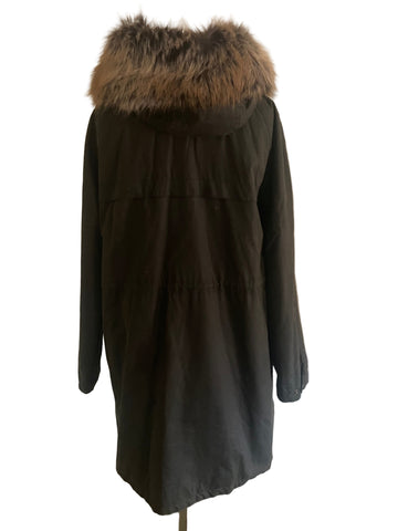 BARBOUR MULL OLIVE GREEN WAX COATED HOODED FUR TRIM COAT SIZE 14