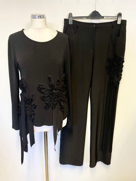 JOSEPH RIBKOFF BLACK FLORAL APPLIQUE TRIM LONG SLEEVE TOP & TROUSER SET SIZE 14