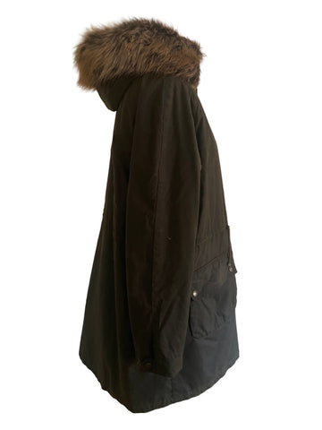 BARBOUR MULL OLIVE GREEN WAX COATED HOODED FUR TRIM COAT SIZE 14