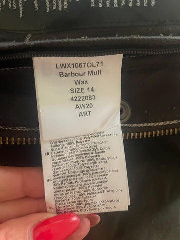 BARBOUR MULL OLIVE GREEN WAX COATED HOODED FUR TRIM COAT SIZE 14