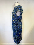 JIGSAW BLUE & CAMEL FLORAL PRINT CAP SLEEVED PENCIL DRESS SIZE 14