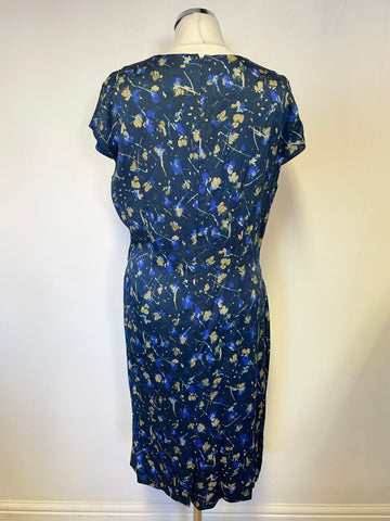JIGSAW BLUE & CAMEL FLORAL PRINT CAP SLEEVED PENCIL DRESS SIZE 14