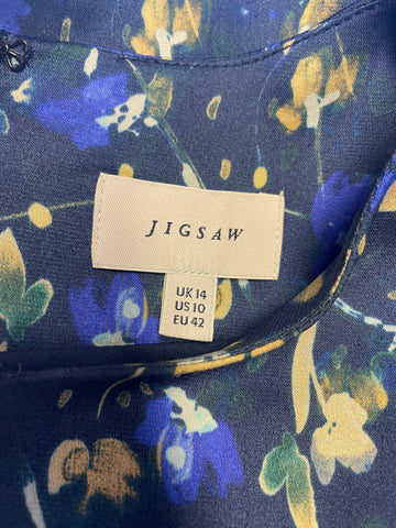 JIGSAW BLUE & CAMEL FLORAL PRINT CAP SLEEVED PENCIL DRESS SIZE 14