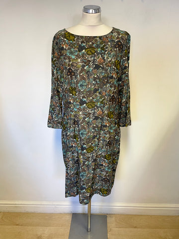 TOAST BROWN & TURQUOISE PRINT SILK MIX 3/4 SLEEVED SHIFT DRESS SIZE 16