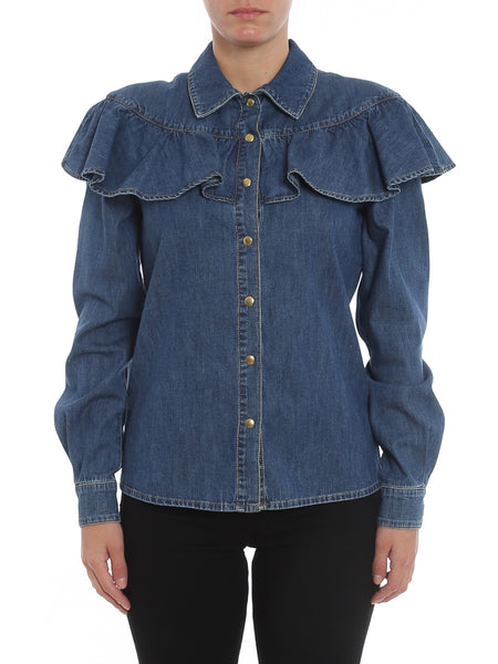 PHILOSOPHY DI LORENZO SERAFINI BLUE DENIM FRILLED LONG SLEEVED SHIRT SIZE 8