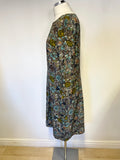 TOAST BROWN & TURQUOISE PRINT SILK MIX 3/4 SLEEVED SHIFT DRESS SIZE 16