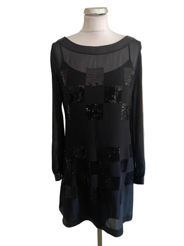 LK BENNETT BLACK SEQUIN TRIMMED LONG SLEEVE MINI DRESS SIZE 10