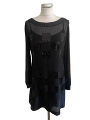 LK BENNETT BLACK SEQUIN TRIMMED LONG SLEEVE MINI DRESS SIZE 10