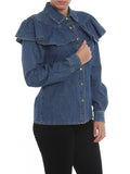 PHILOSOPHY DI LORENZO SERAFINI BLUE DENIM FRILLED LONG SLEEVED SHIRT SIZE 8