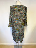 TOAST BROWN & TURQUOISE PRINT SILK MIX 3/4 SLEEVED SHIFT DRESS SIZE 16