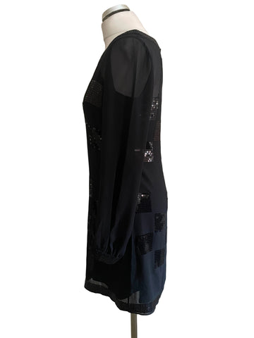 LK BENNETT BLACK SEQUIN TRIMMED LONG SLEEVE MINI DRESS SIZE 10