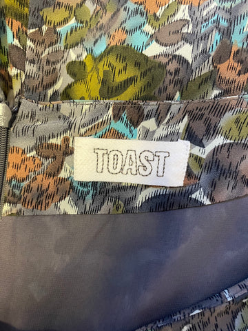 TOAST BROWN & TURQUOISE PRINT SILK MIX 3/4 SLEEVED SHIFT DRESS SIZE 16