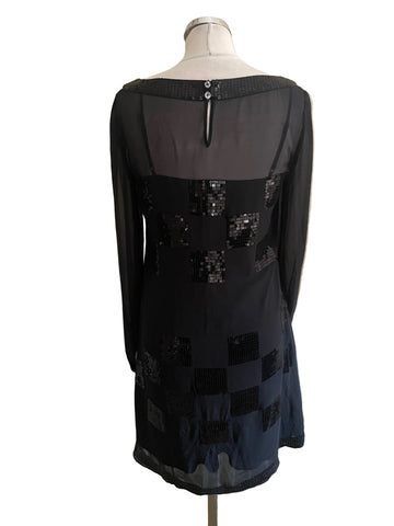 LK BENNETT BLACK SEQUIN TRIMMED LONG SLEEVE MINI DRESS SIZE 10