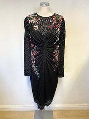KAREN MILLEN BLACK LACE & FLORAL EMBROIDERED PENCIL DRESS SIZE 14