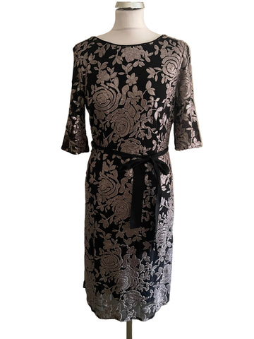 PHASE EIGHT BLACK & PEWTER SEQUINNED FLORAL EMBROIDERED PENCIL DRESS  SIZE 12