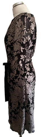 PHASE EIGHT BLACK & PEWTER SEQUINNED FLORAL EMBROIDERED PENCIL DRESS  SIZE 12