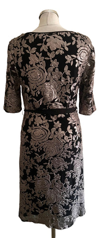 PHASE EIGHT BLACK & PEWTER SEQUINNED FLORAL EMBROIDERED PENCIL DRESS  SIZE 12