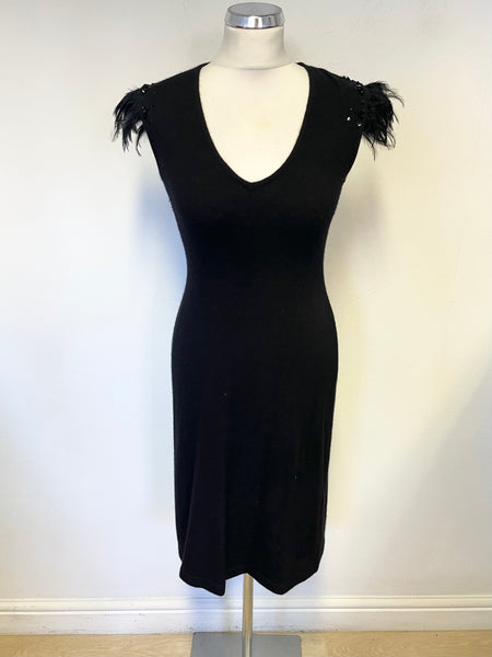 ELSPETH GIBSON BLACK FEATHER & SEQUIN TRIM SLEEVELESS ANGORA MIX KNIT DRESS SIZE 10