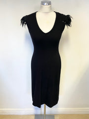 ELSPETH GIBSON BLACK FEATHER & SEQUIN TRIM SLEEVELESS ANGORA MIX KNIT DRESS SIZE 10