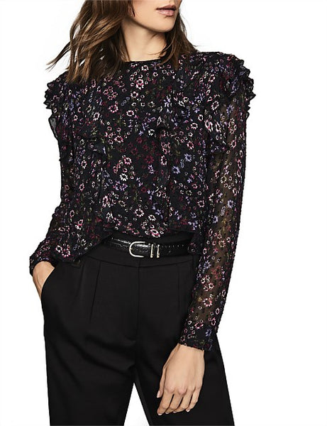 REISS FAIZA BLACK FLORAL PRINT RUFFLE TRIM LONG SLEEVED TOP SIZE 12