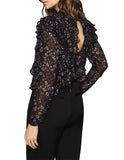 REISS FAIZA BLACK FLORAL PRINT RUFFLE TRIM LONG SLEEVED TOP SIZE 12